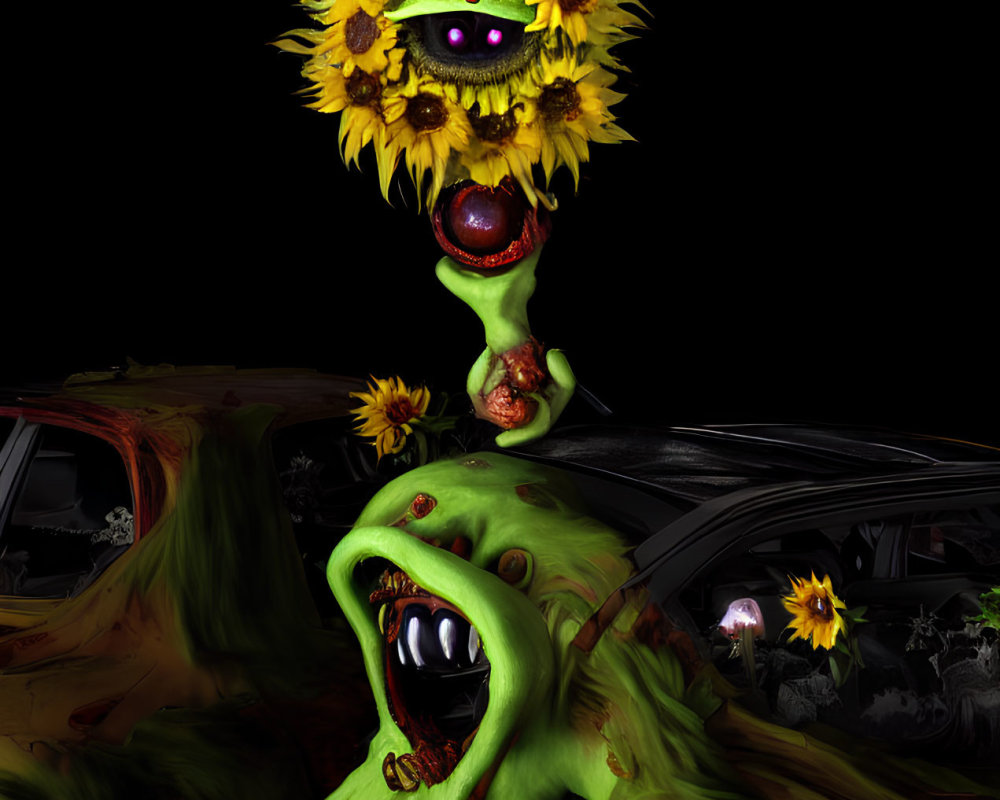 Fantastical sunflower-headed creature with multiple eyes and protruding tongue next to rusty car