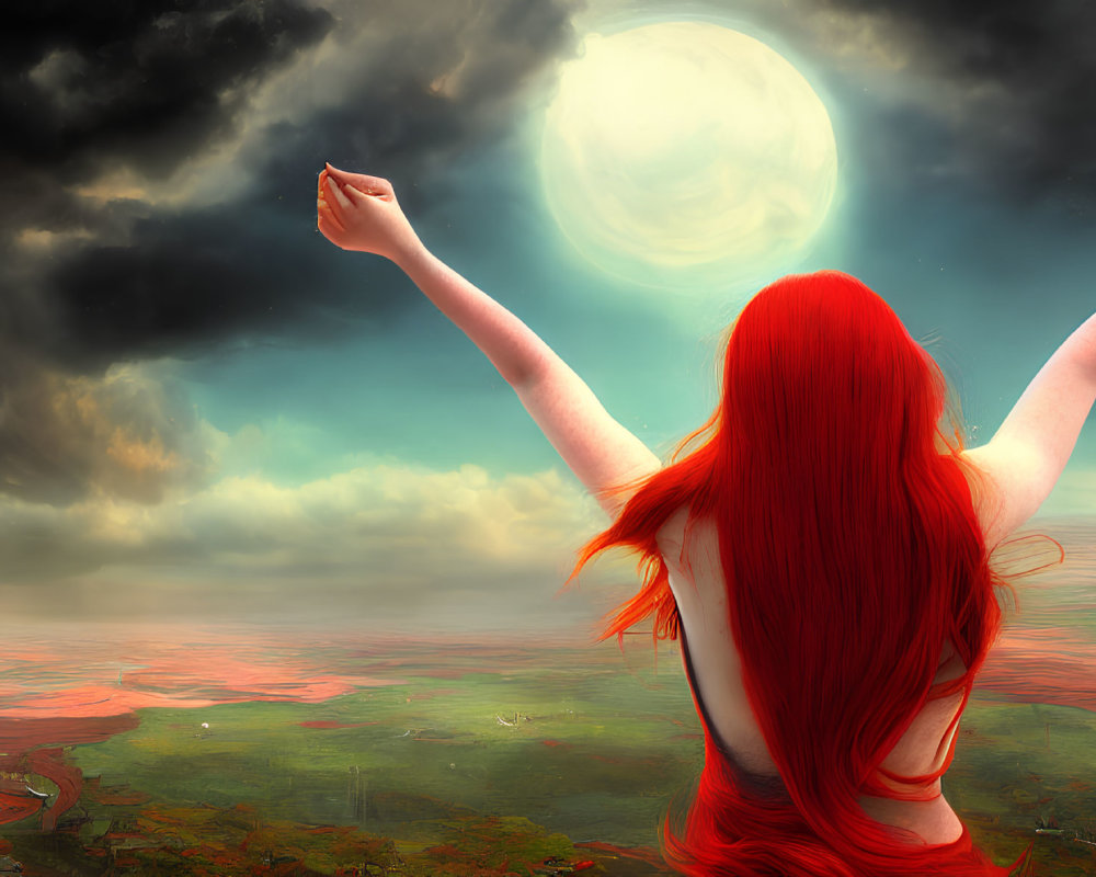 Vibrant red-haired person under stormy sky with bright moon in dramatic landscape