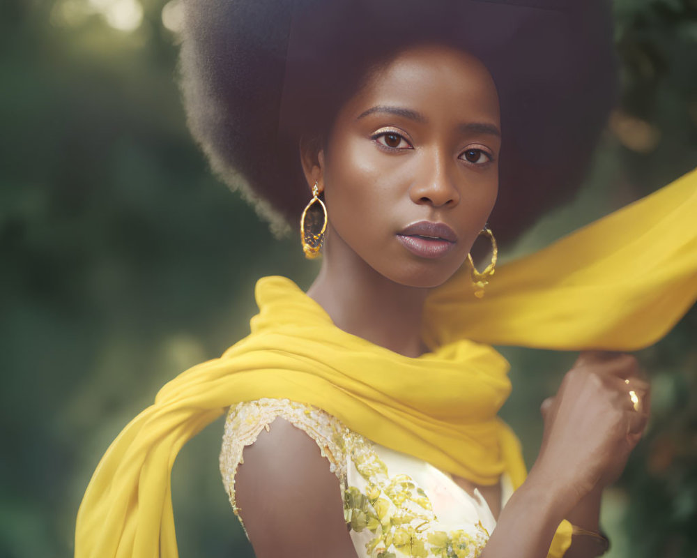 Woman with Afro in Yellow Scarf and Earrings on Green Background