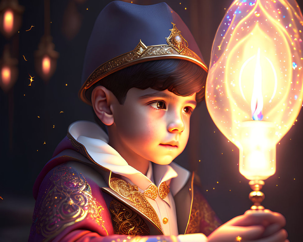 Vintage-dressed boy with magical lantern in mystical setting