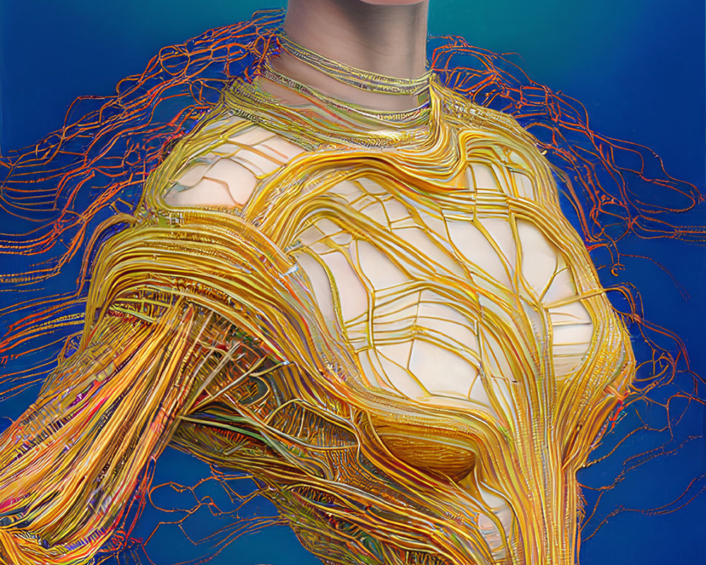 Red-haired woman in wire garment against blue background