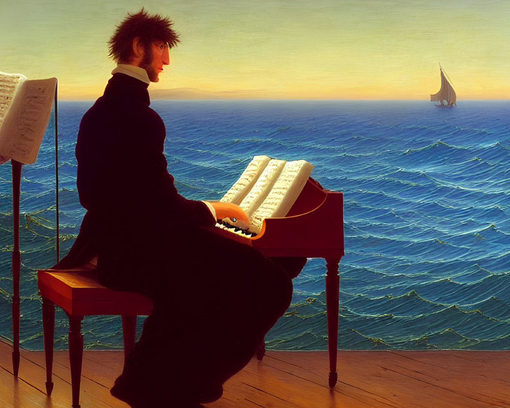 Piano player on wooden floor by sea at sunset with sailboat