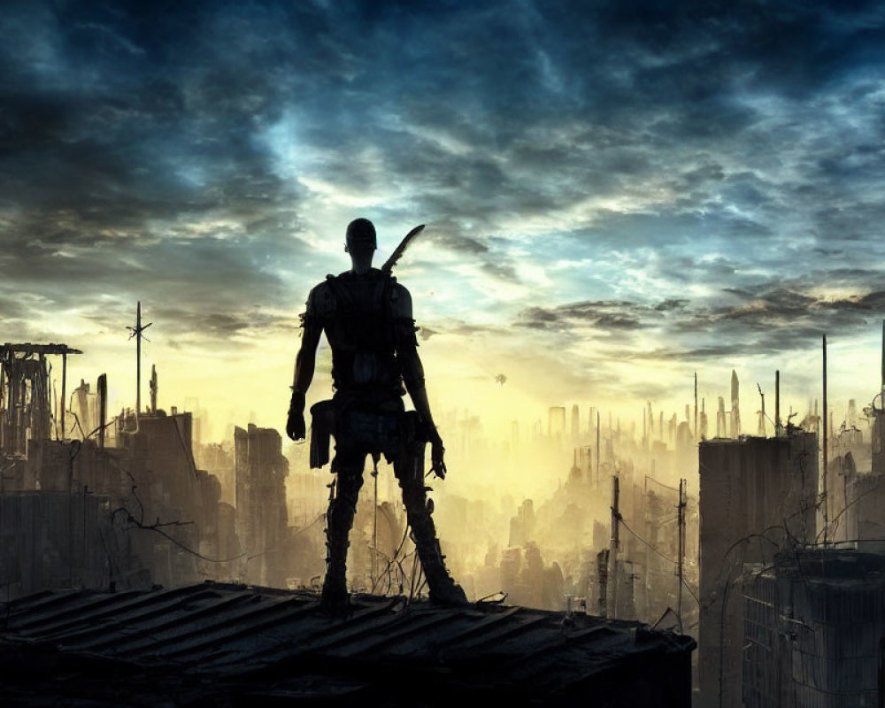 Figure overlooking dystopian cityscape at dawn or dusk.