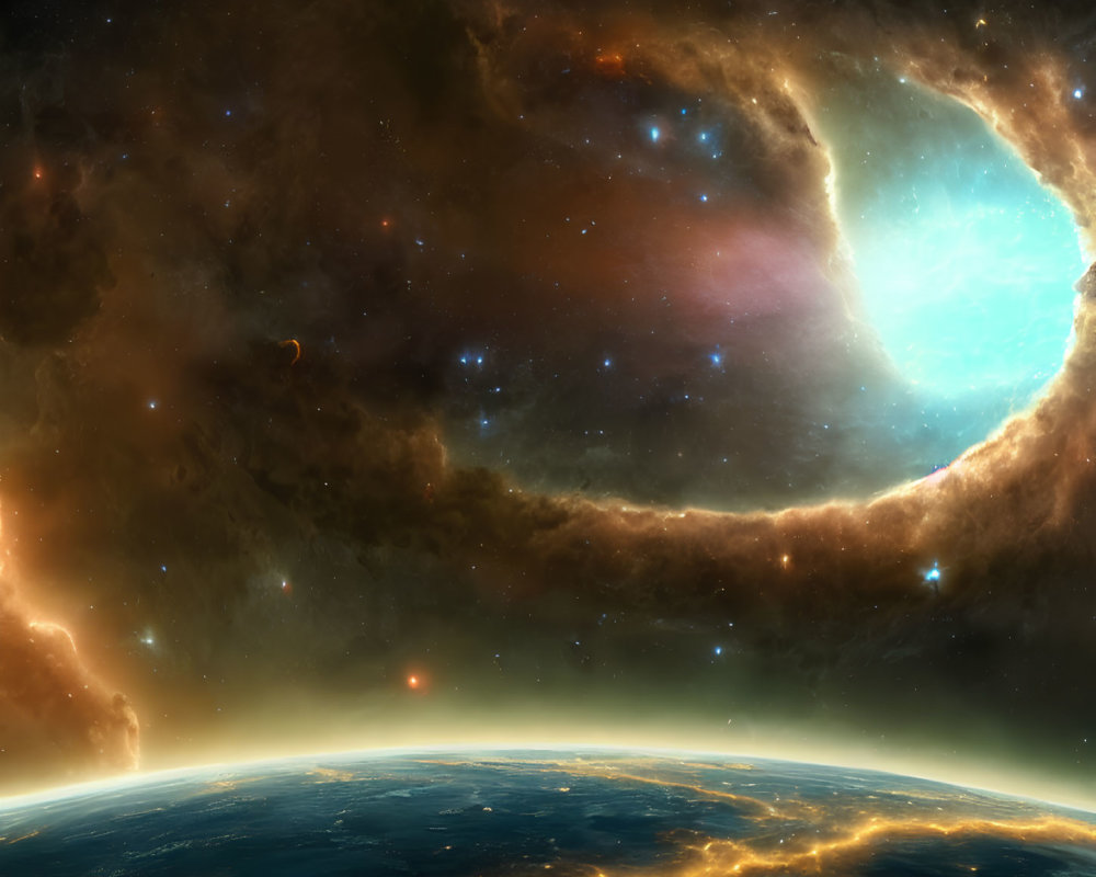 Glowing Nebula Surrounding Stars Seen from Planet Edge