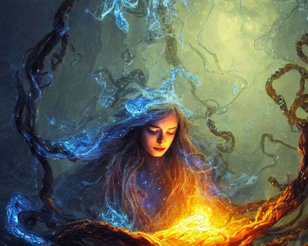 Mystical female figure with luminous elemental forces and fiery orb