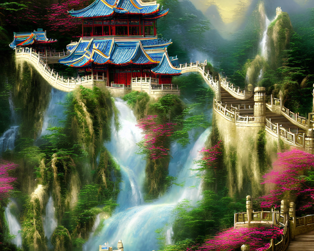 Asian temple with blue roofs, waterfalls, greenery, pink blossoms, misty mountains