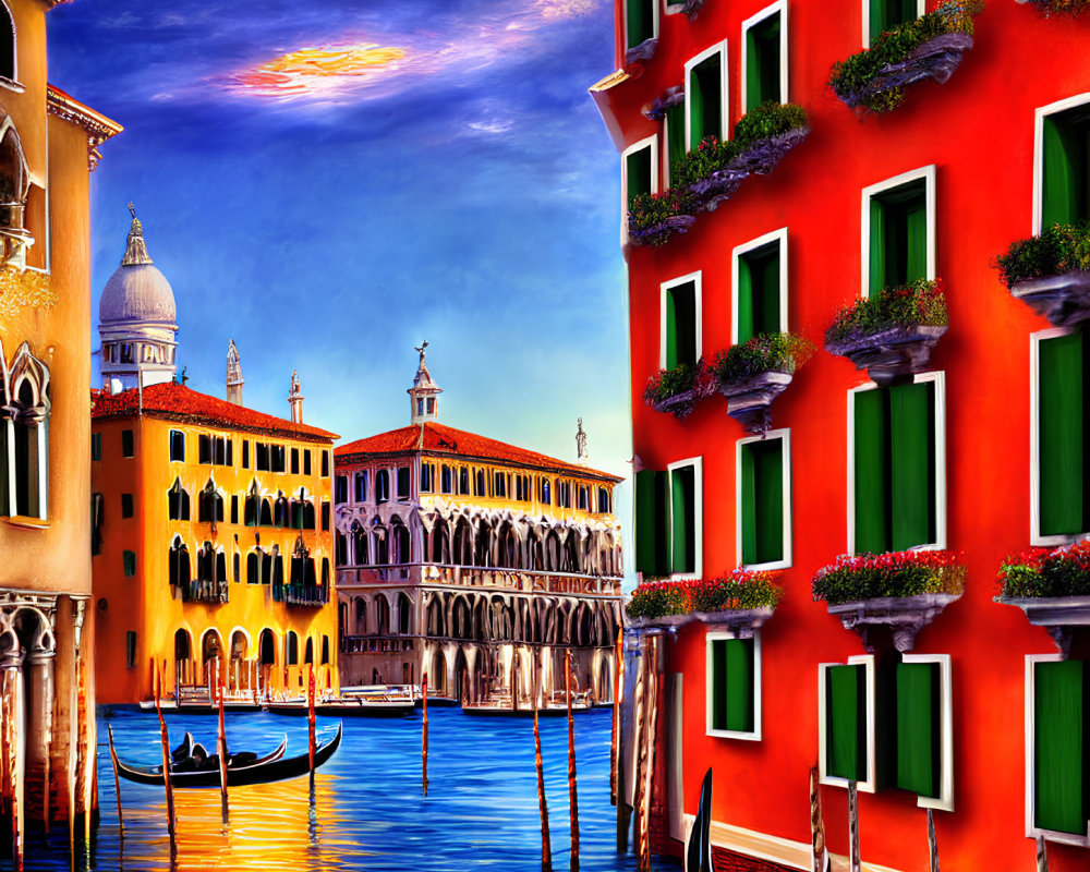 Venice painting: Red building, gondolas, Grand Canal at sunset