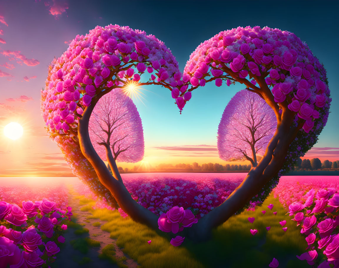 Pink Blossom Trees Form Heart Shape at Sunset Over Blooming Field