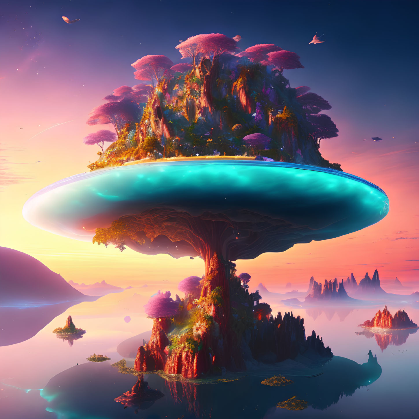 Fantastical landscape with colossal tree, floating islands, reflective water.
