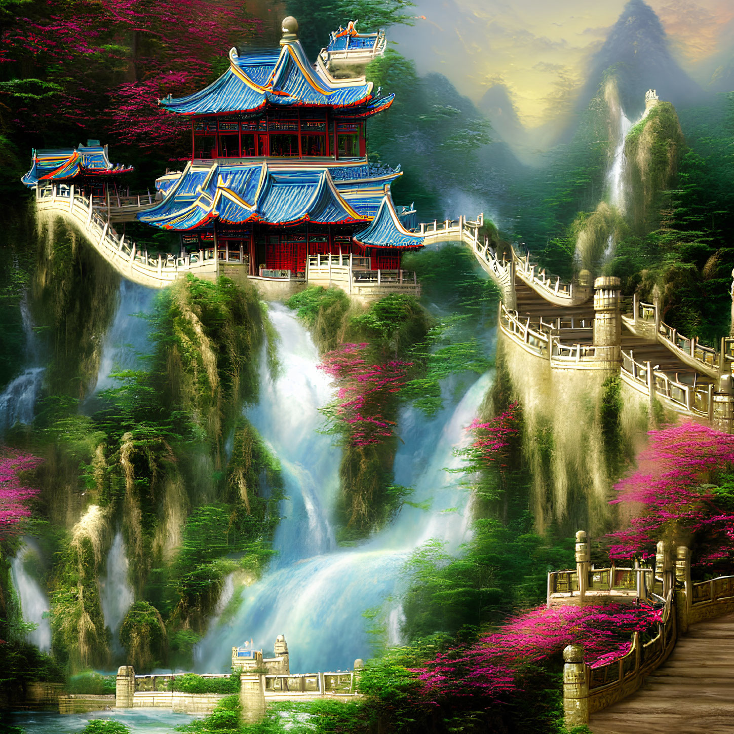 Asian temple with blue roofs, waterfalls, greenery, pink blossoms, misty mountains