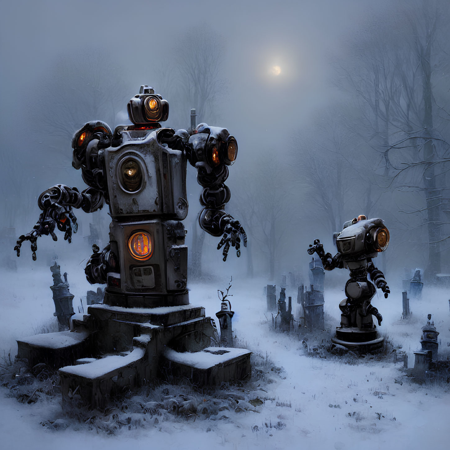 Robots in Moonlit Forest Clearing with Smaller Figures and Gravestones
