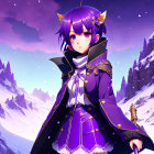 Purple-haired female anime character with staff in snowy mountain scene