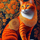 Detailed illustration of an orange tabby cat with white lace patterns on its chest against a dark blue backdrop