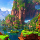 Fantasy landscape with red cliffs, waterfalls, greenery, and blue waters