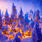 Snow-covered village houses glowing in twilight snowfall