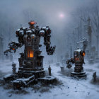 Robots in Moonlit Forest Clearing with Smaller Figures and Gravestones
