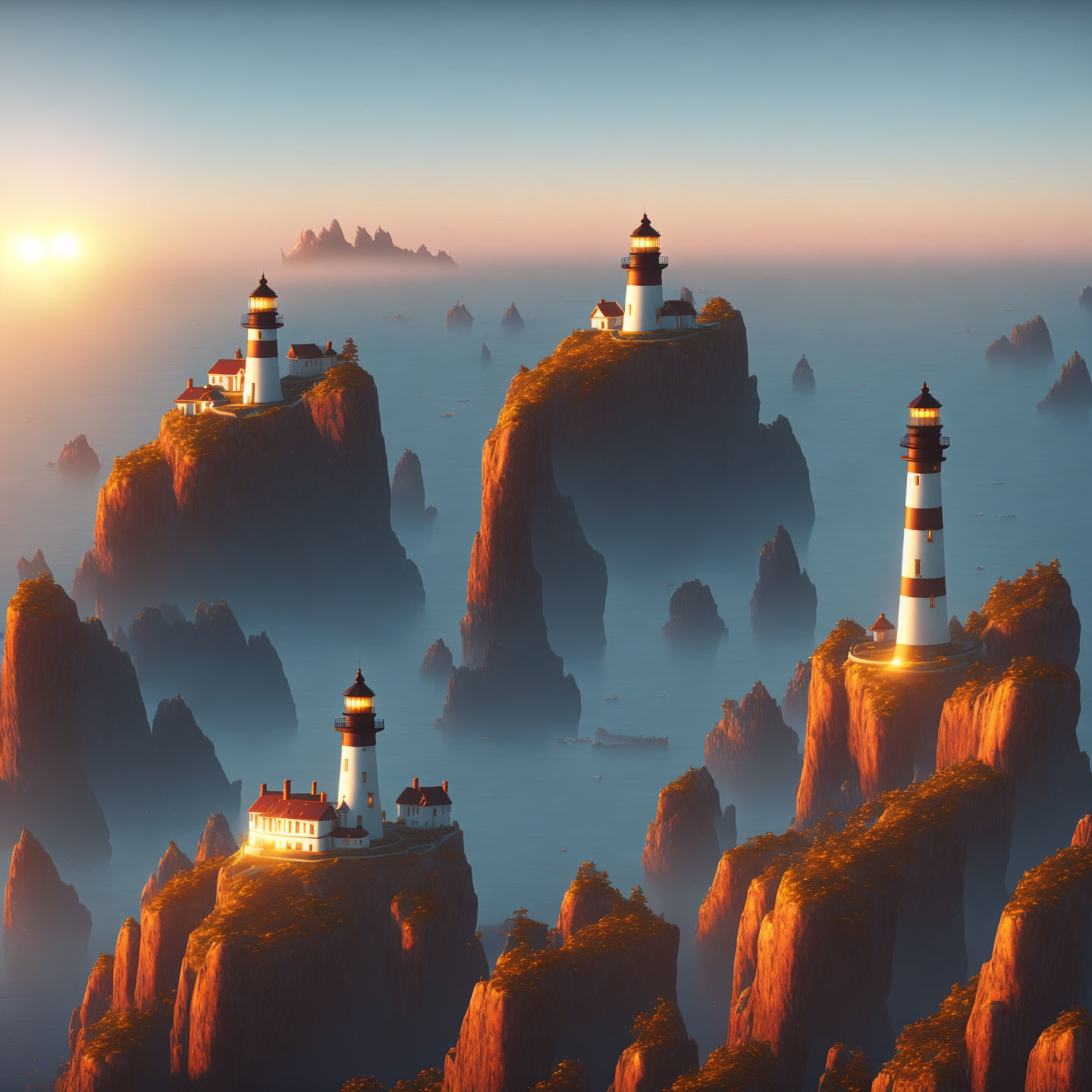 Lighthouses on steep cliffs in misty sunrise seascape