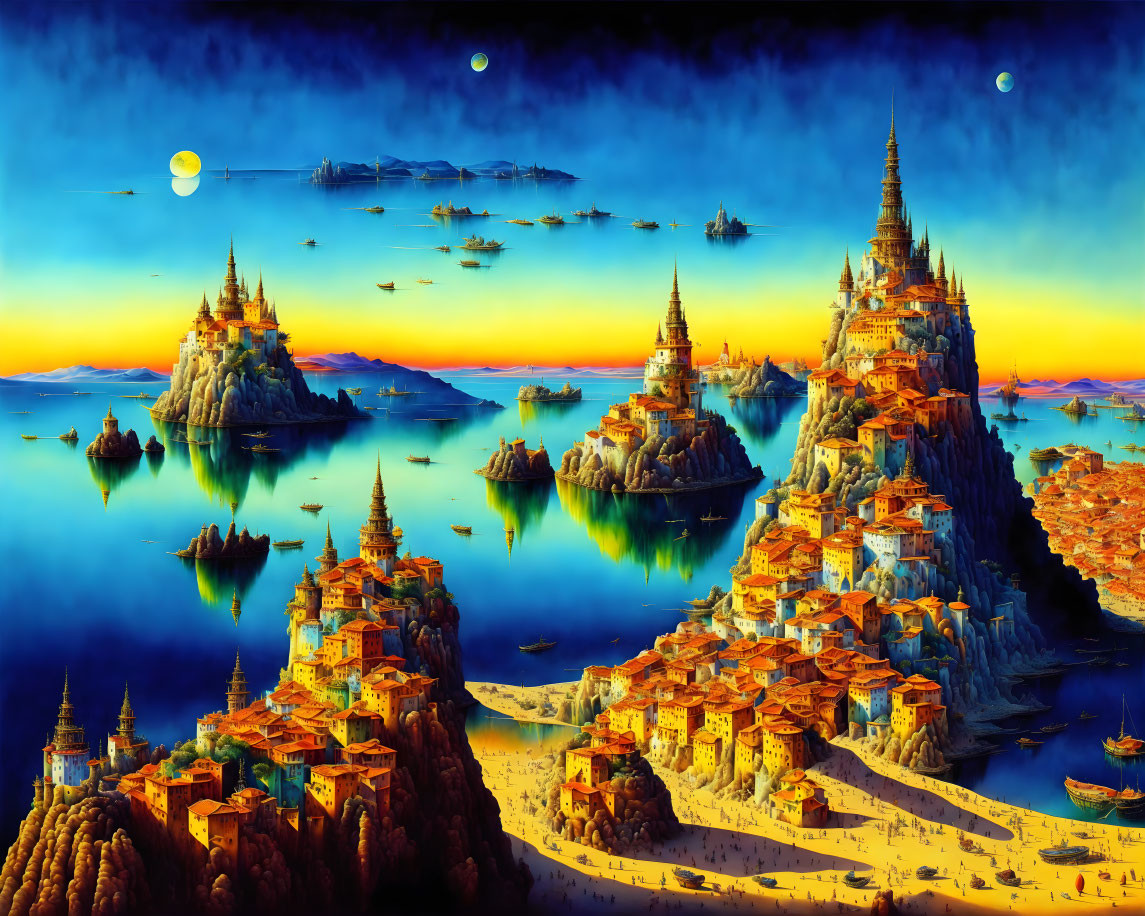 Fantasy landscape with floating islands, castles, airships, sunset sky, and moons