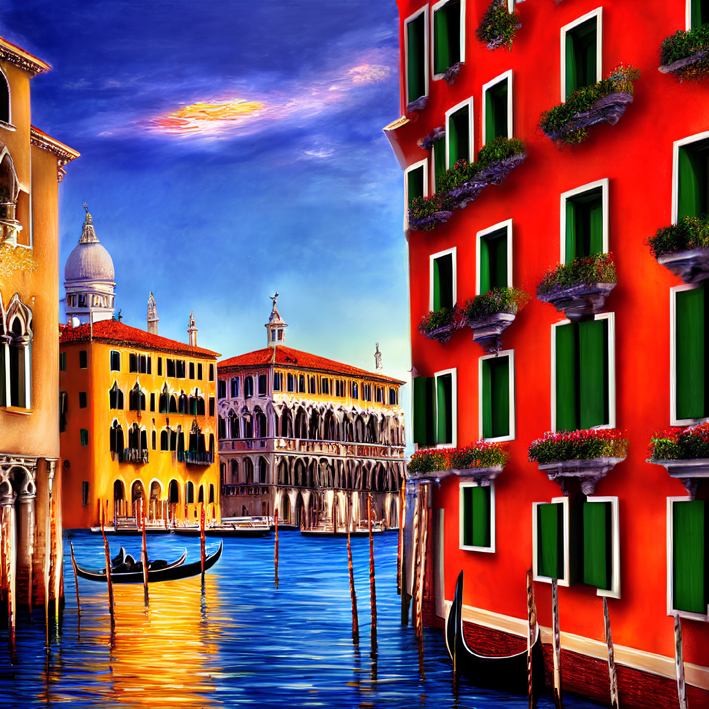 Venice painting: Red building, gondolas, Grand Canal at sunset