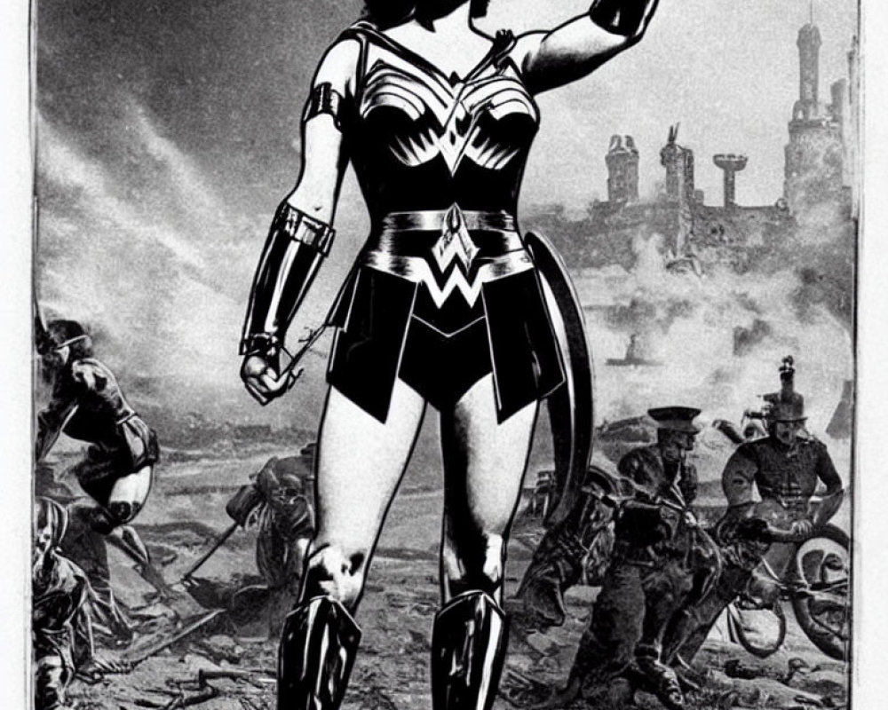 Superheroine with Tiara and Starred Costume in Battle Scene