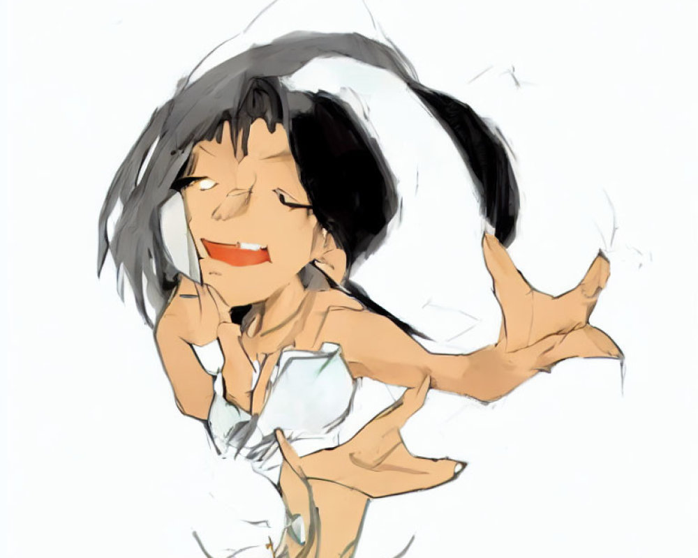 Animated character with black hair, white top, red shorts, laughing with arms flailing