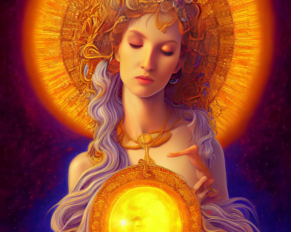 Ethereal woman with halo and sun pendant in cosmic setting