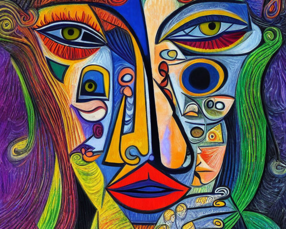 Vibrant abstract cubist painting with multiple eyes and split face