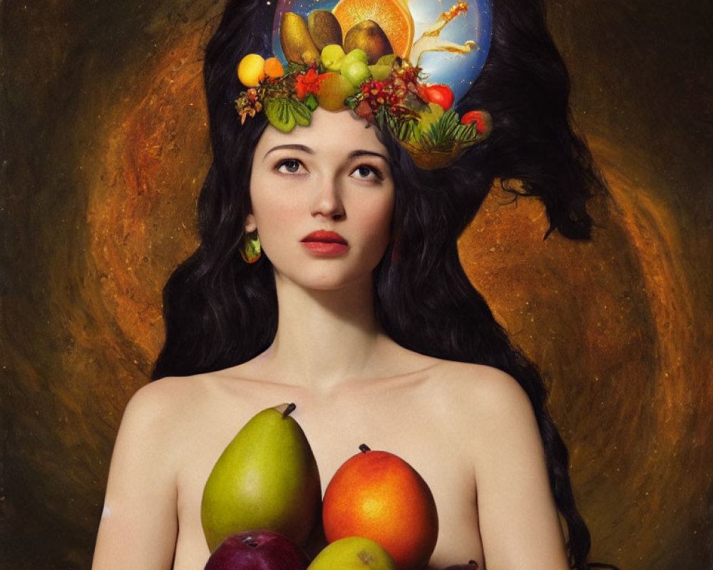 Woman wearing cornucopia headpiece with fruits and space elements on dark background surrounded by fresh fruits