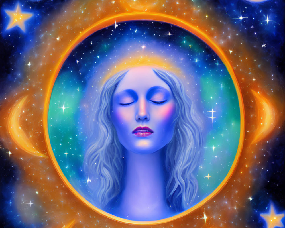Surreal illustration of woman's serene face with orange halo in cosmic setting