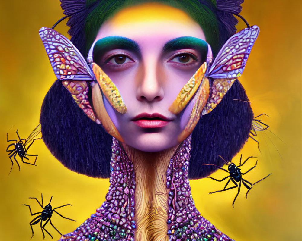 Person with Butterfly Wings and Spiders in Surreal Portrait