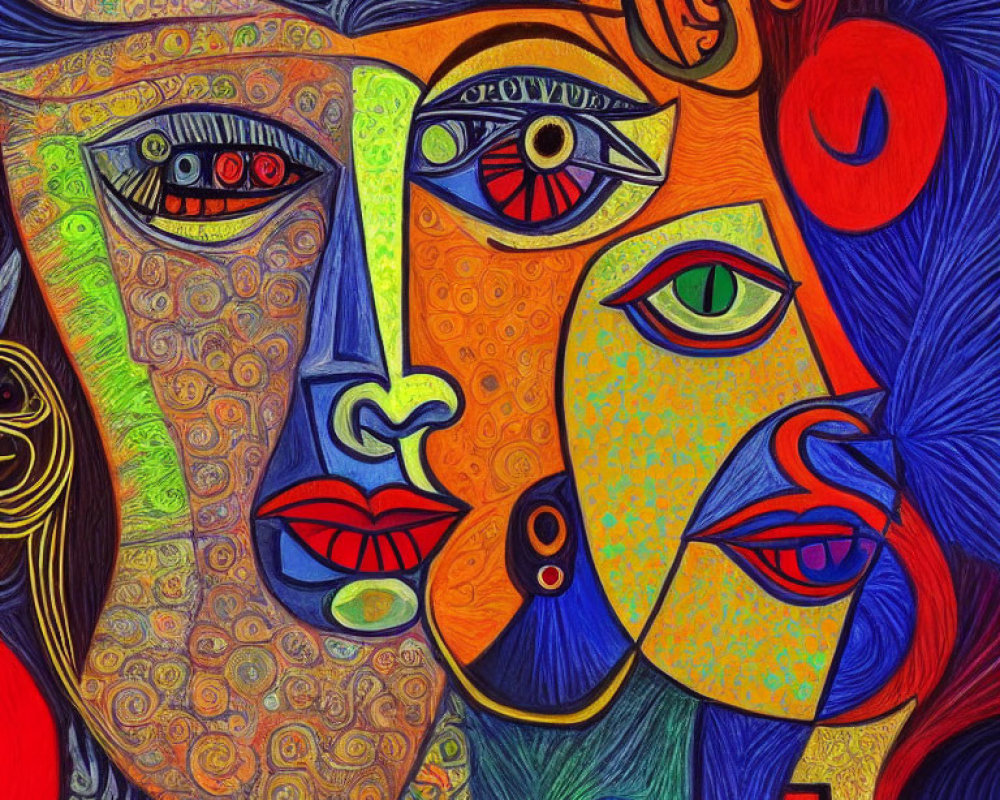 Vibrant abstract painting: stylized faces with dramatic eyes and lips