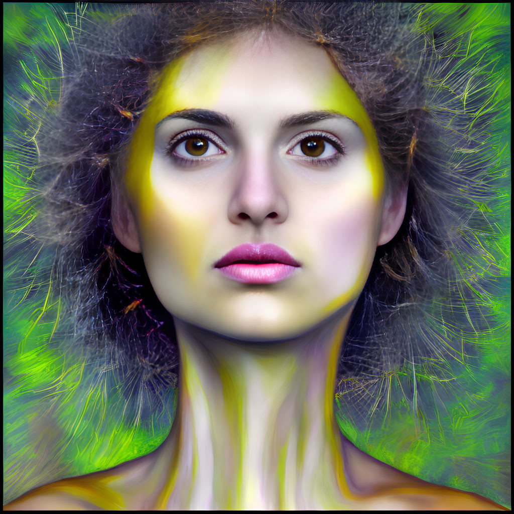 Colorful portrait with yellow and green hues and dandelion textures.