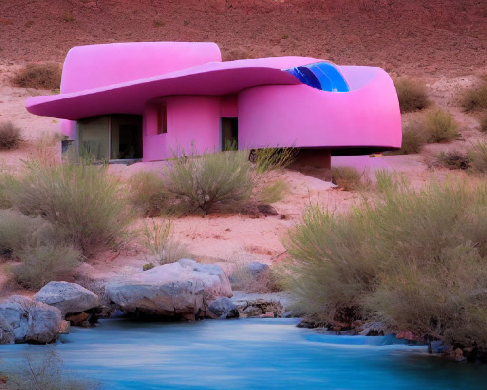 Futuristic pink and blue house in desert landscape with stream