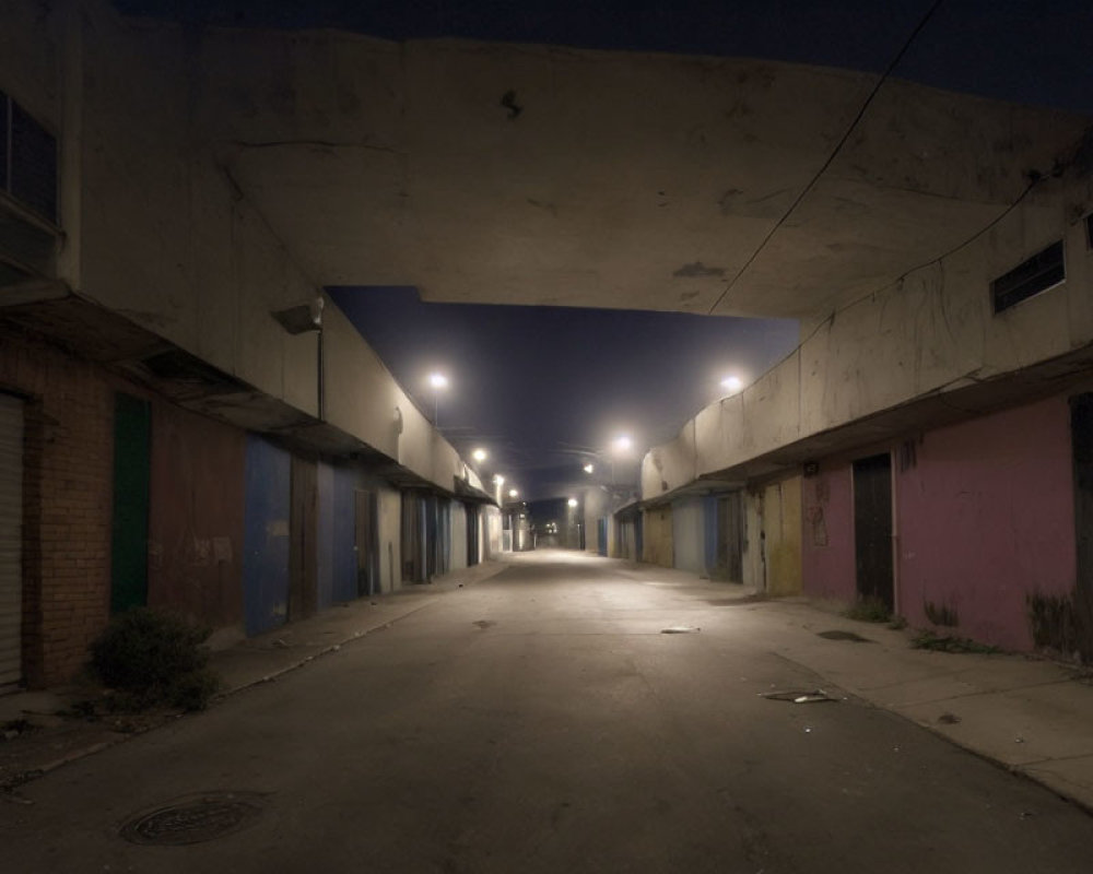 Urban alleyway at night with closed shops and overhead lights