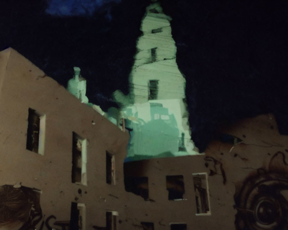 Distorted white structure projected on dimly lit buildings at night