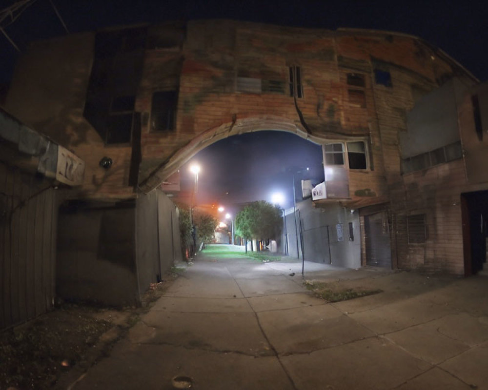 Dimly Lit Alley Night Scene with Arched Mural Building