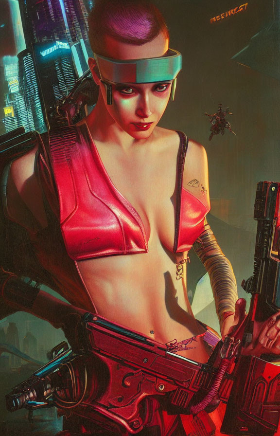 Futuristic woman with cybernetic visor and advanced rifle in neon-lit cityscape