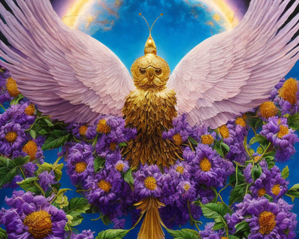Majestic owl with gold adornments in cosmic setting