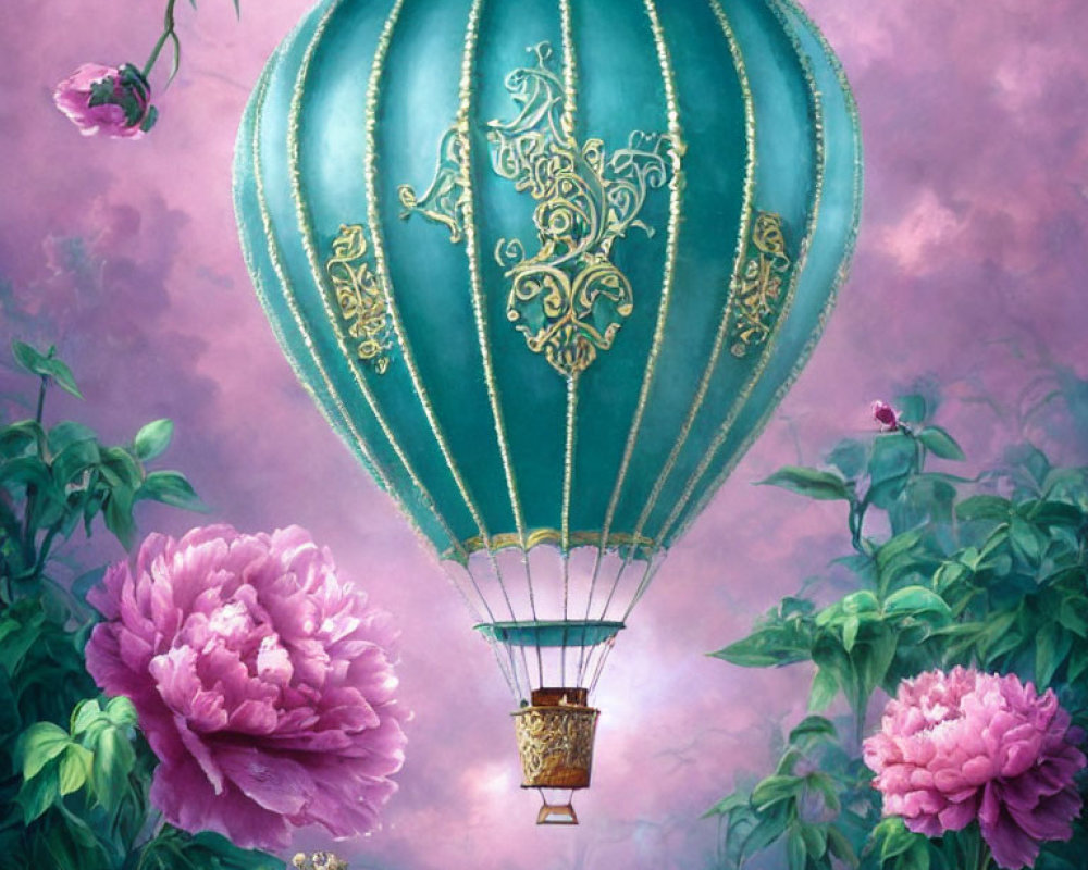 Teal hot air balloon with gold accents among pink peonies in pink-purple sky