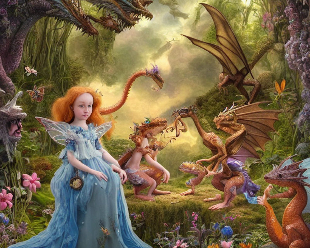 Whimsical forest glade with girl, dragons & fairies
