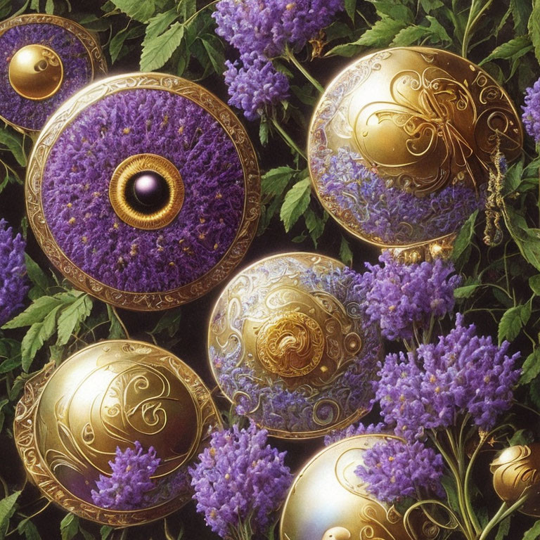 Golden shields with intricate details among purple flowers in a fantasy aesthetic