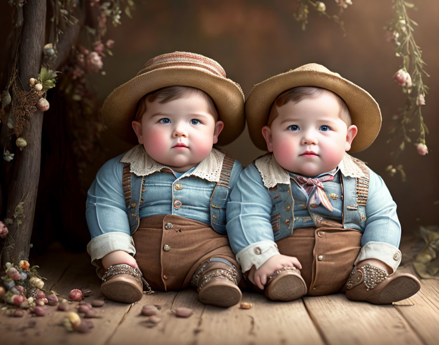 Vintage Attire: Two Infants in Hats and Bow Ties on Rustic Background