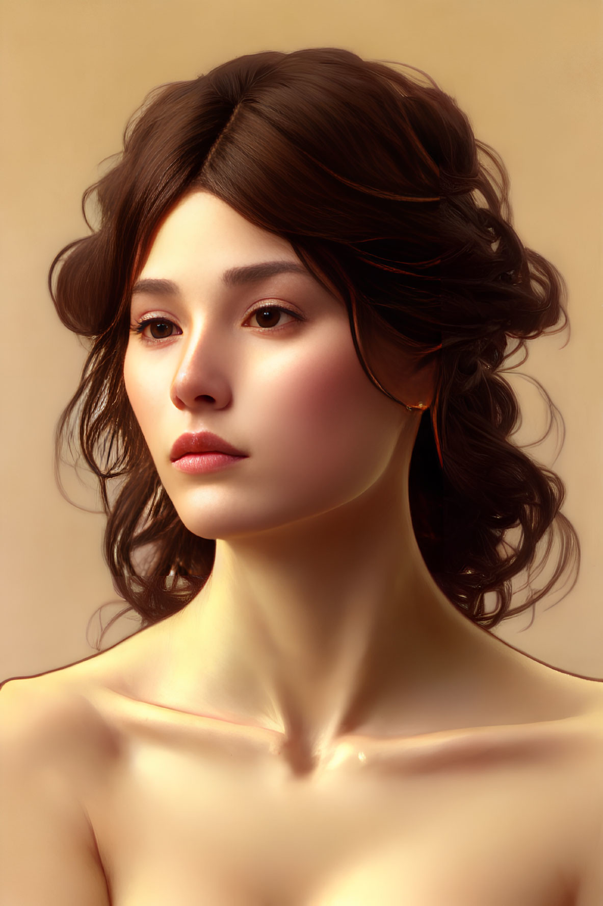Dark-haired woman with fair skin in soft-lit portrait