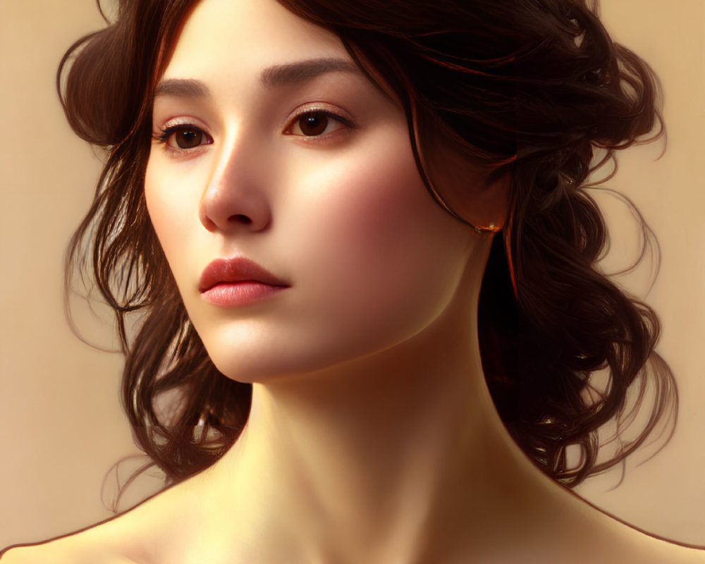 Dark-haired woman with fair skin in soft-lit portrait