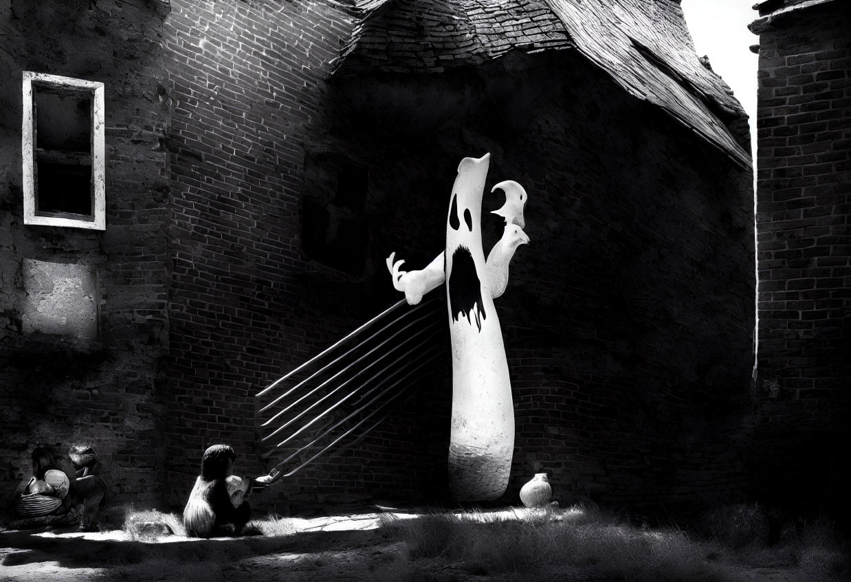 Monochrome image of person in ghost costume in abandoned building