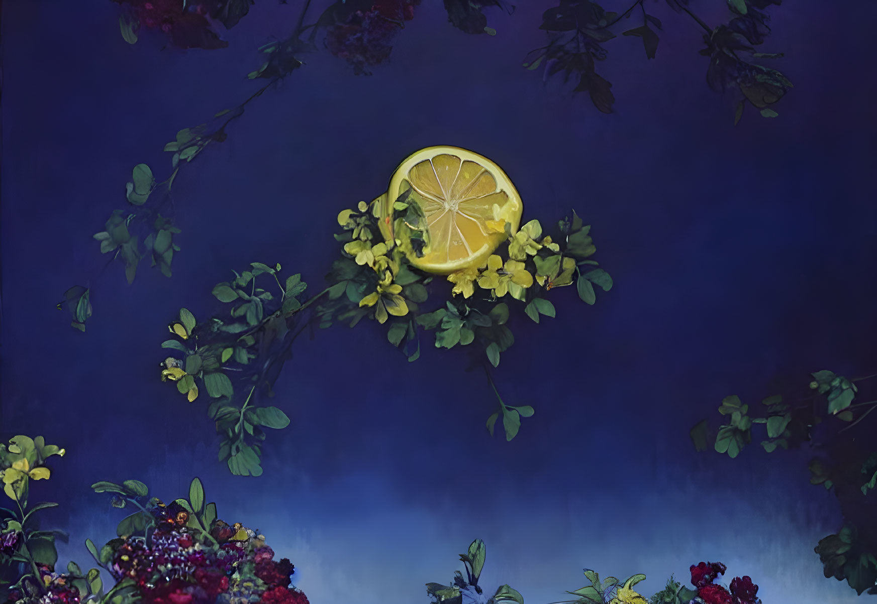 Bright lemon slice in enchanting scene with dark blue background and lush, colorful flora.