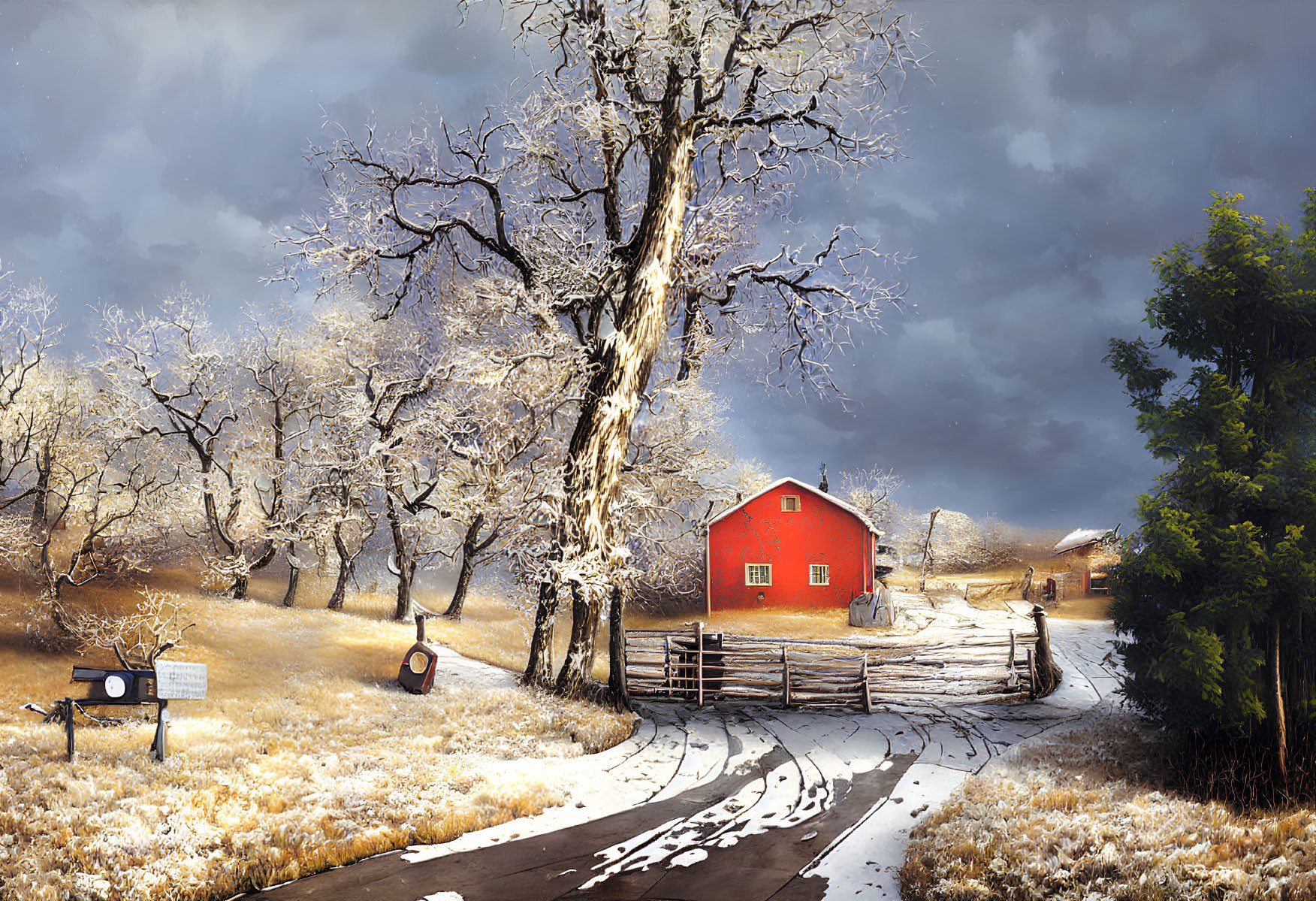 Snow-covered winter landscape with red barn, leafless trees, and clear sky