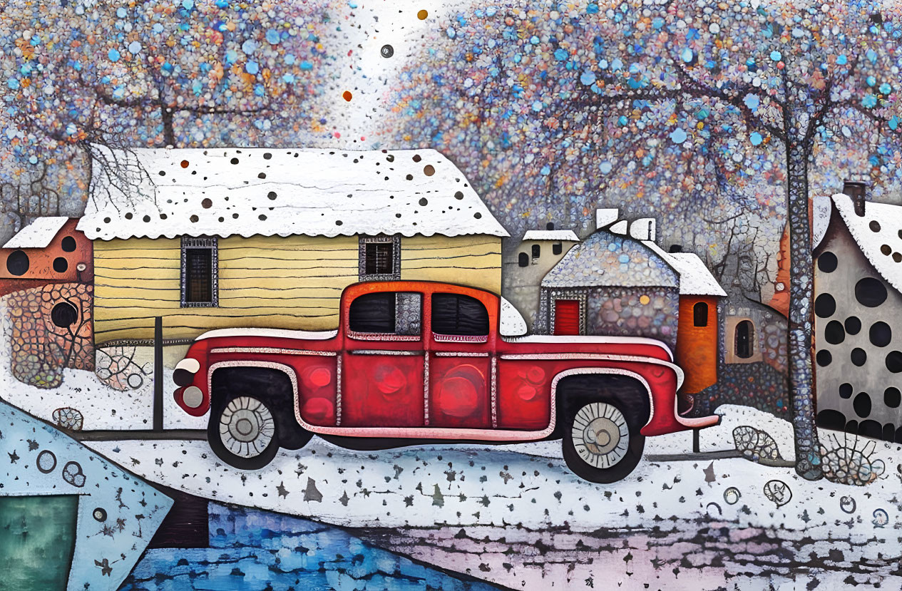 Whimsical winter scene with vintage car and snow-covered landscape
