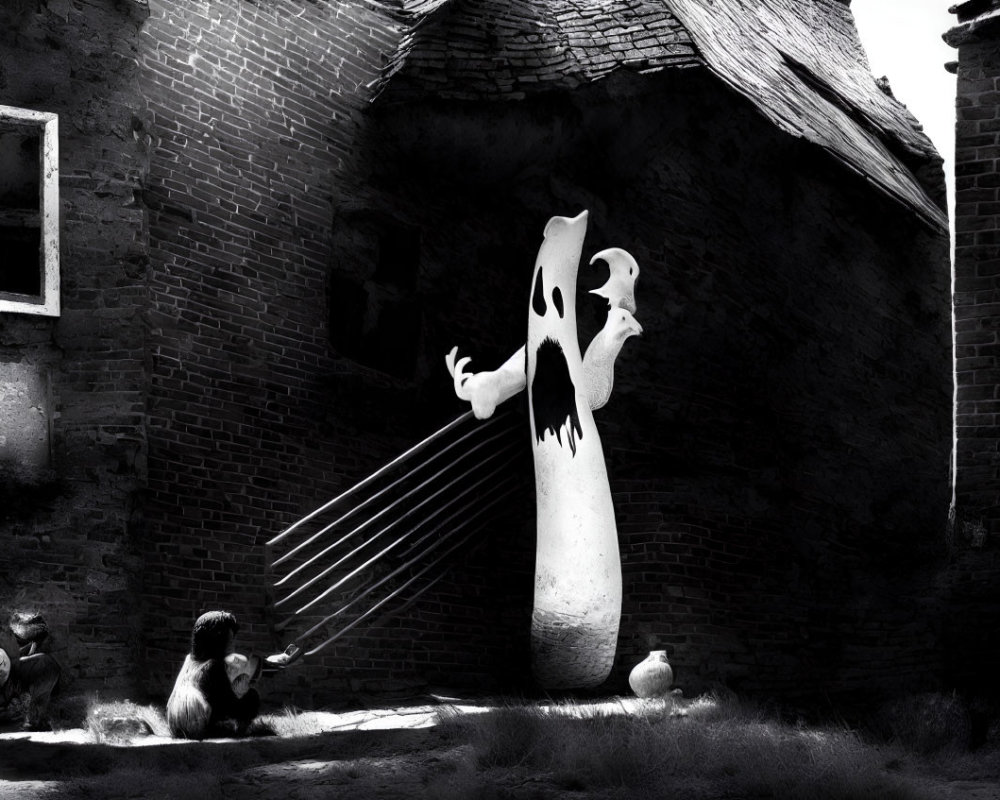 Monochrome image of person in ghost costume in abandoned building