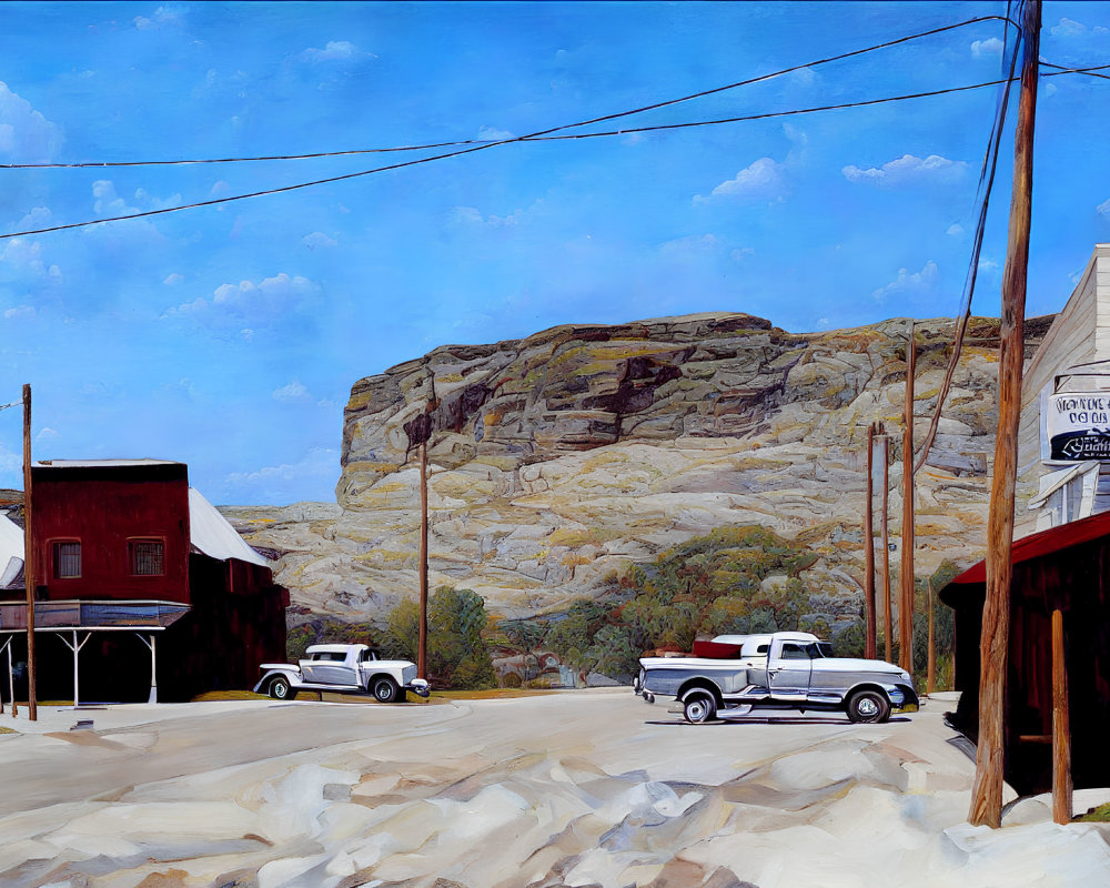 Vintage cars and rustic buildings in a serene street scene with a towering cliff backdrop.